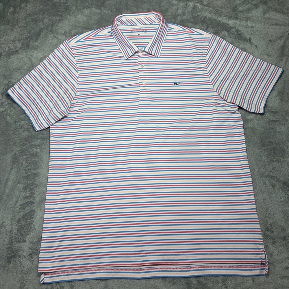 Vineyard Vines Mens XL Performance Polo Shirt Striped Pink Blue 1K1030